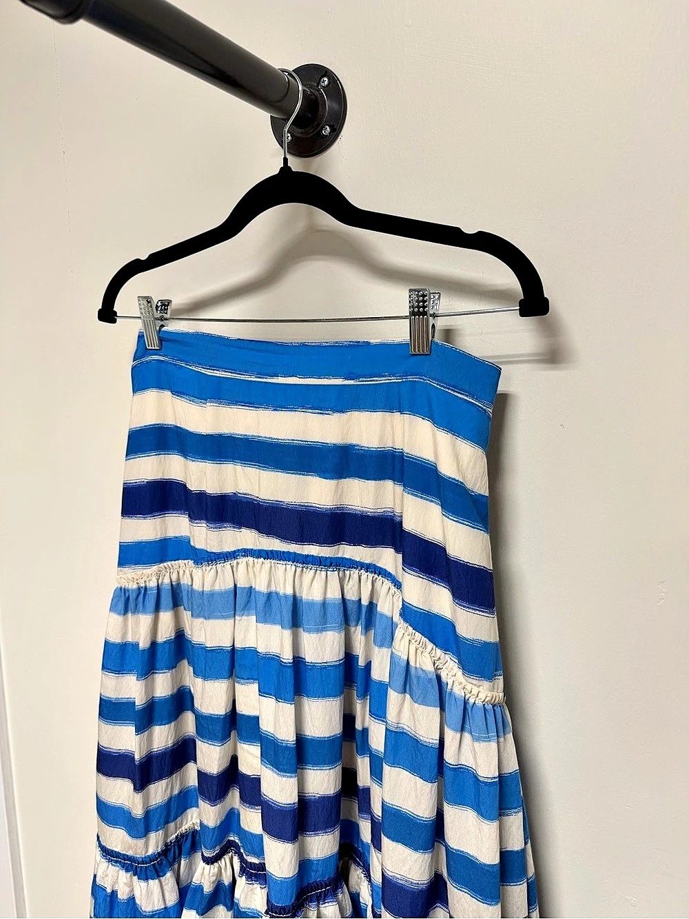 Anthropologie Blue and White Striped Strapless Tiered Maxi Dress Small